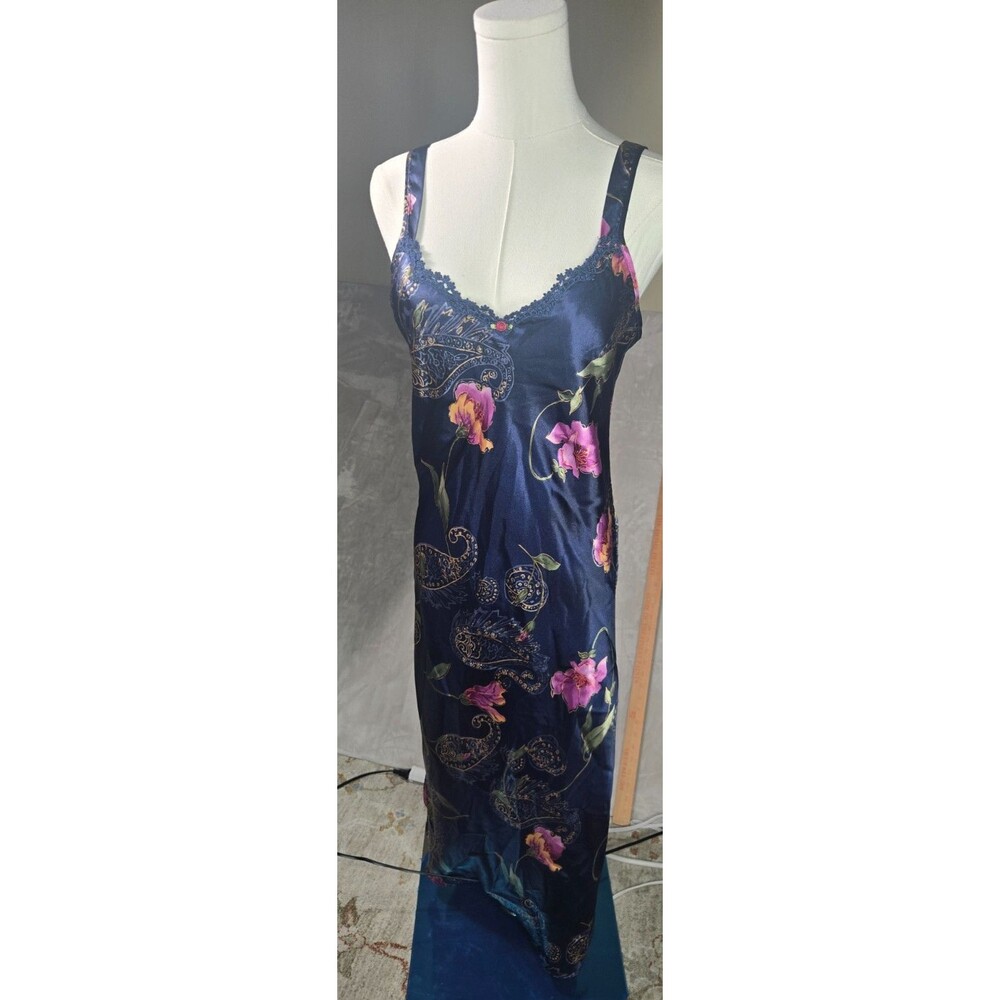 California Dynasty Vtg Satin Slip Maxi Dress S Floral Paisley Coquette 90s